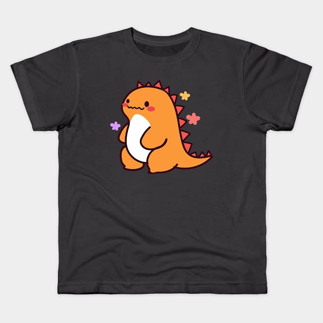 Kawaii cute orange dinosaur Kids T-Shirt by NumbleRay